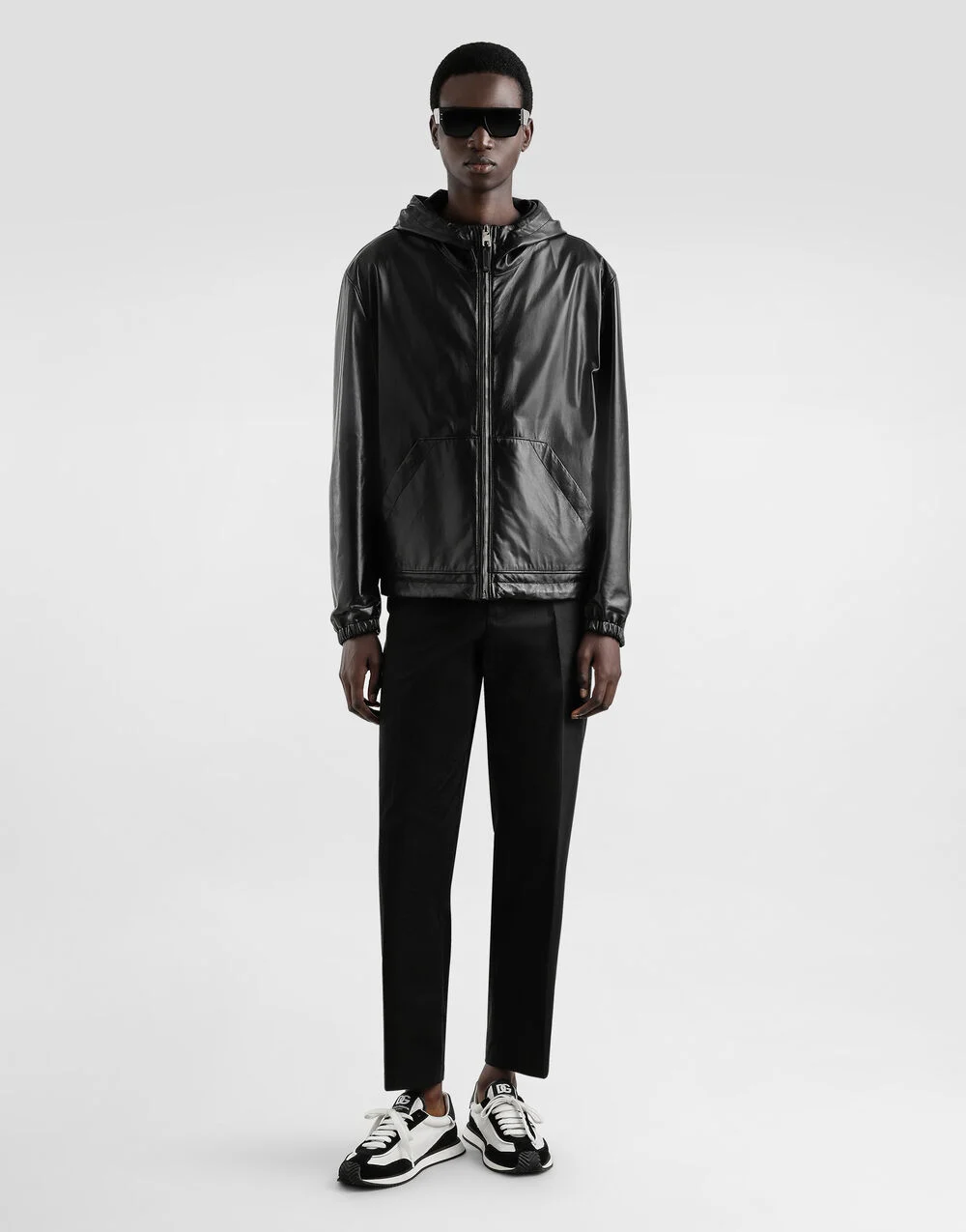 Leather jacket with reversible hood